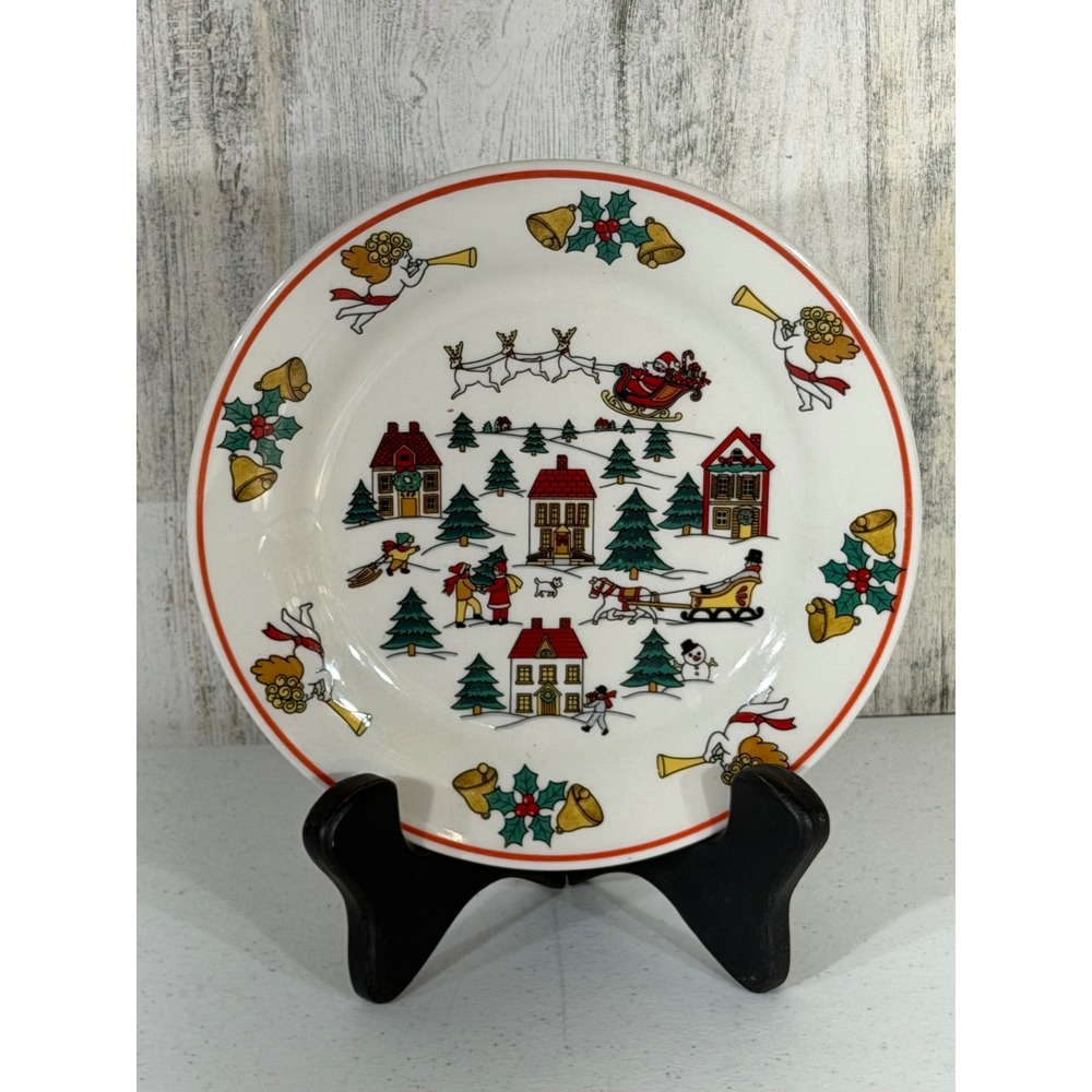 Jamestown Salad Plate 7.5in White Joy of Christmas Village Santa Angels Red Trim